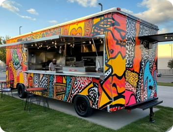 Colorful food truck serving convention guests
