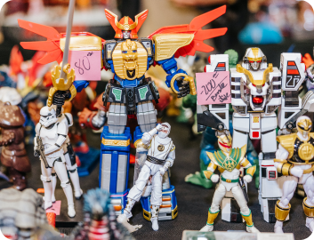 Action figures and giant collectible robots on display